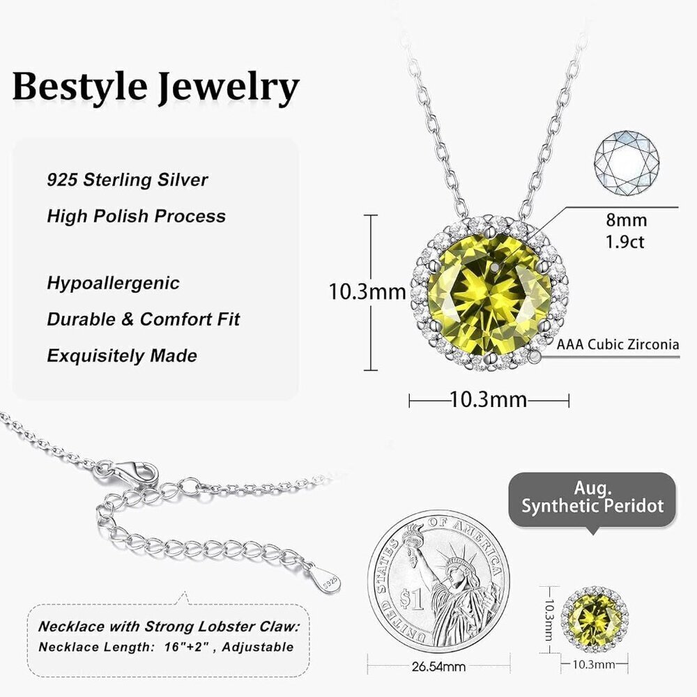 Sterling Silver Birthstone Necklace 8mm Peridot Heart Round Teardrop - Picture 6 of 6
